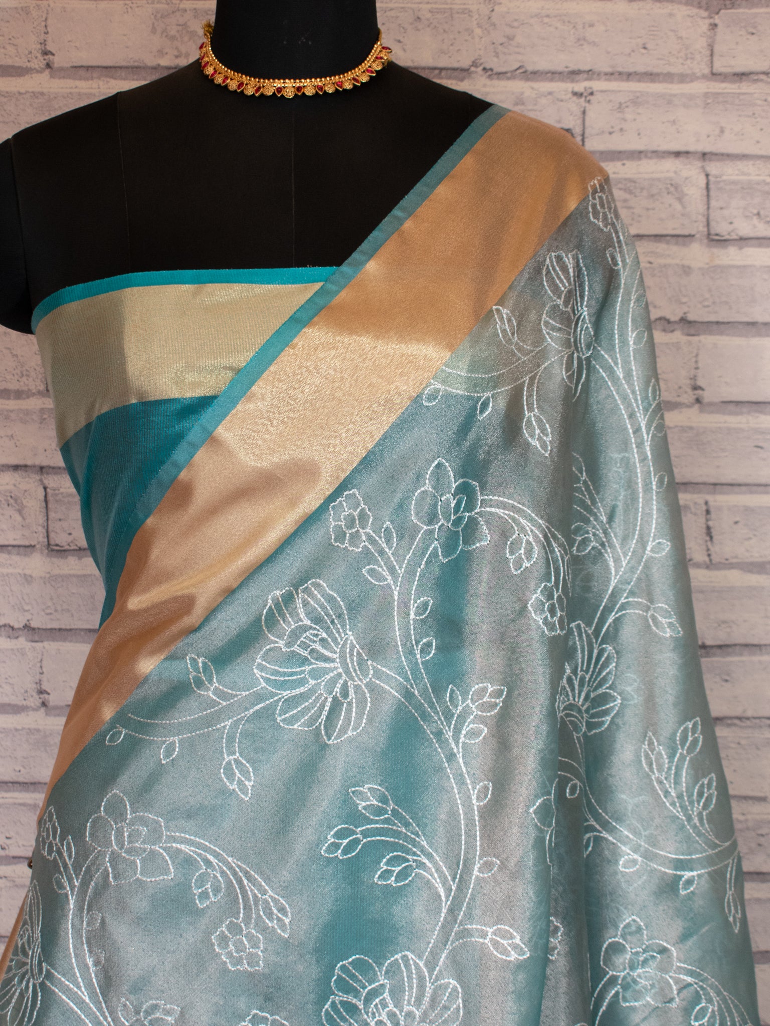 Banarasi Tissue Embroidered Saree With Weaving & Border- Aqua Blue