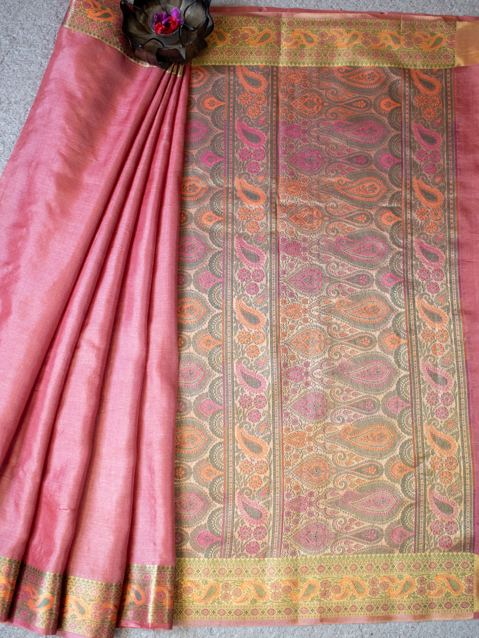 Banarasi Pure Tussar Saree With Resham Weaving Border- Pink