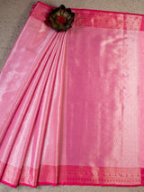 Banarasi Kora Muslin Saree With Tanchoi Weaving & Contrast Border-Pink