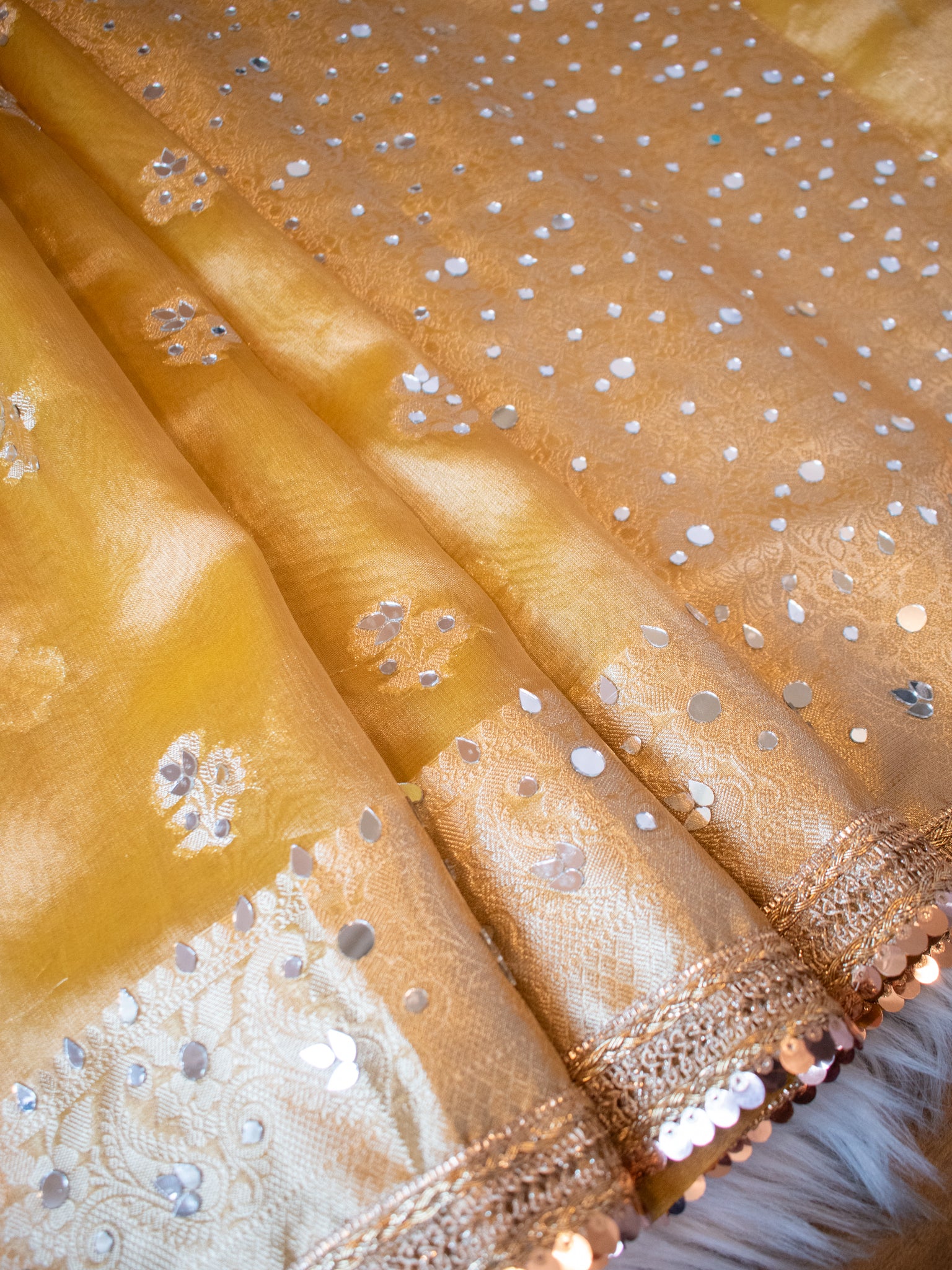 Banarasi Tissue Saree With Mirror Work & Lace Border- Yellow