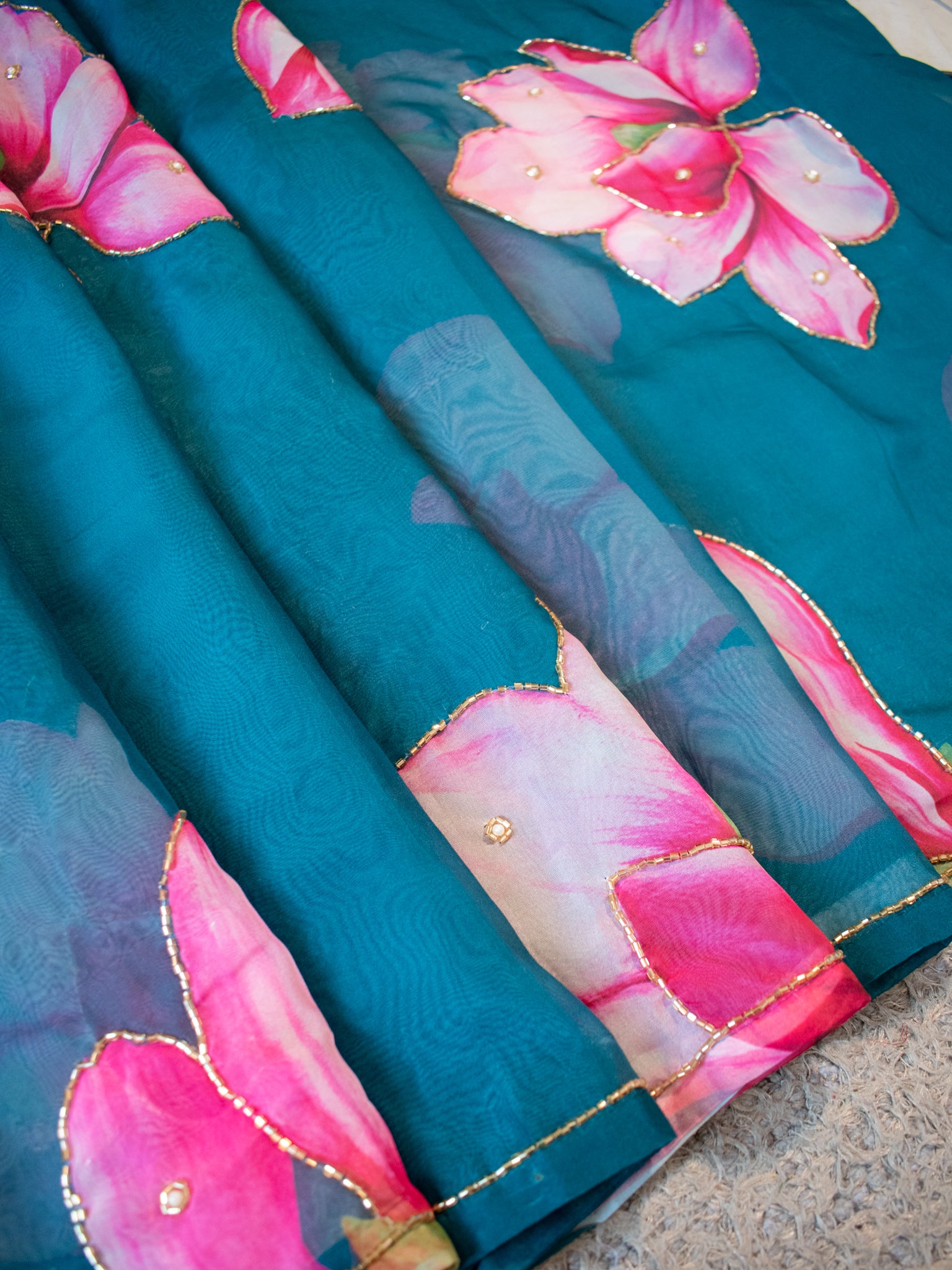 Semi Satin Floral Saree - Blue