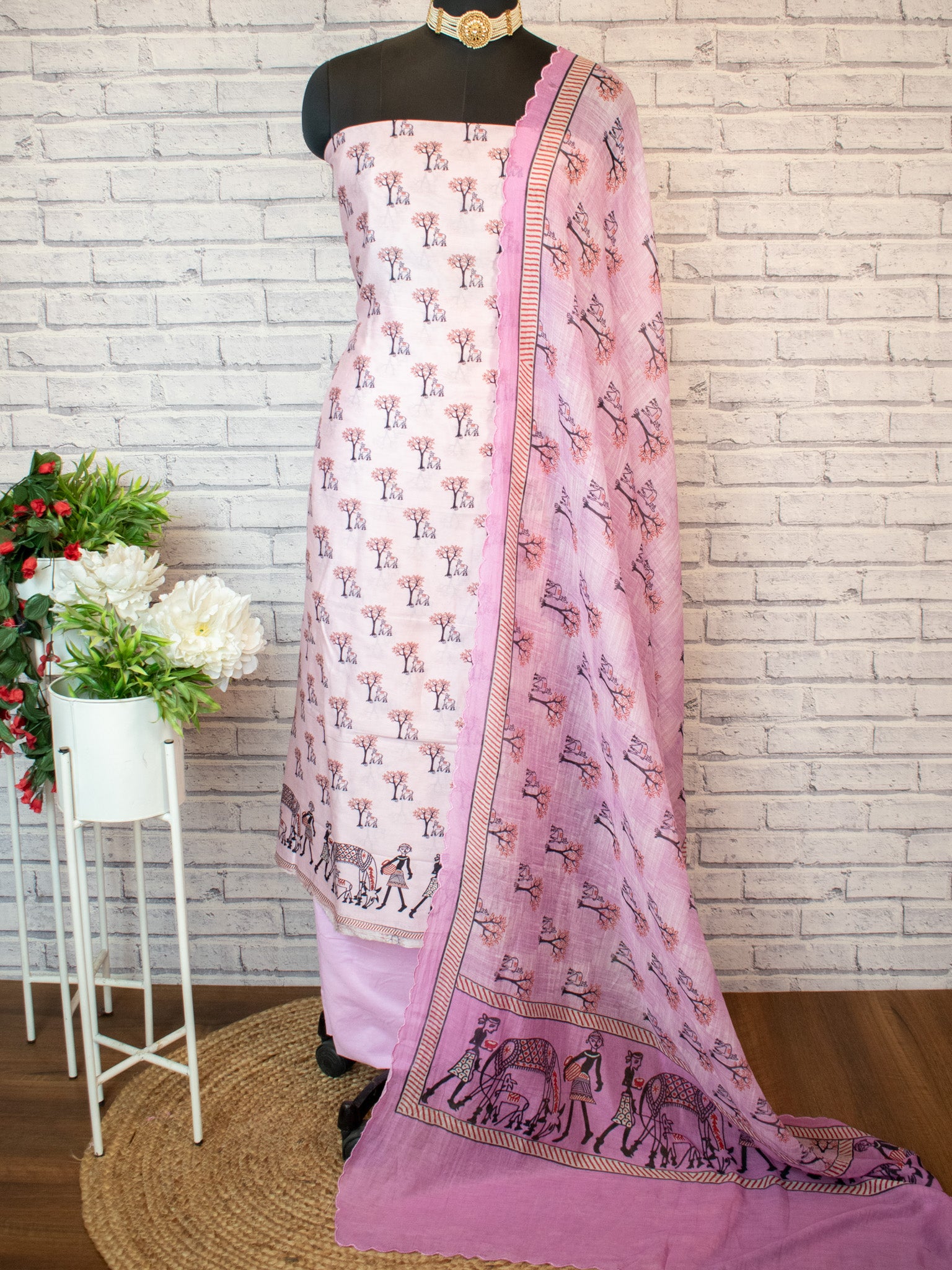 Banarasi Soft Cotton Salwar Kameez Fabric With Dupatta- Pink