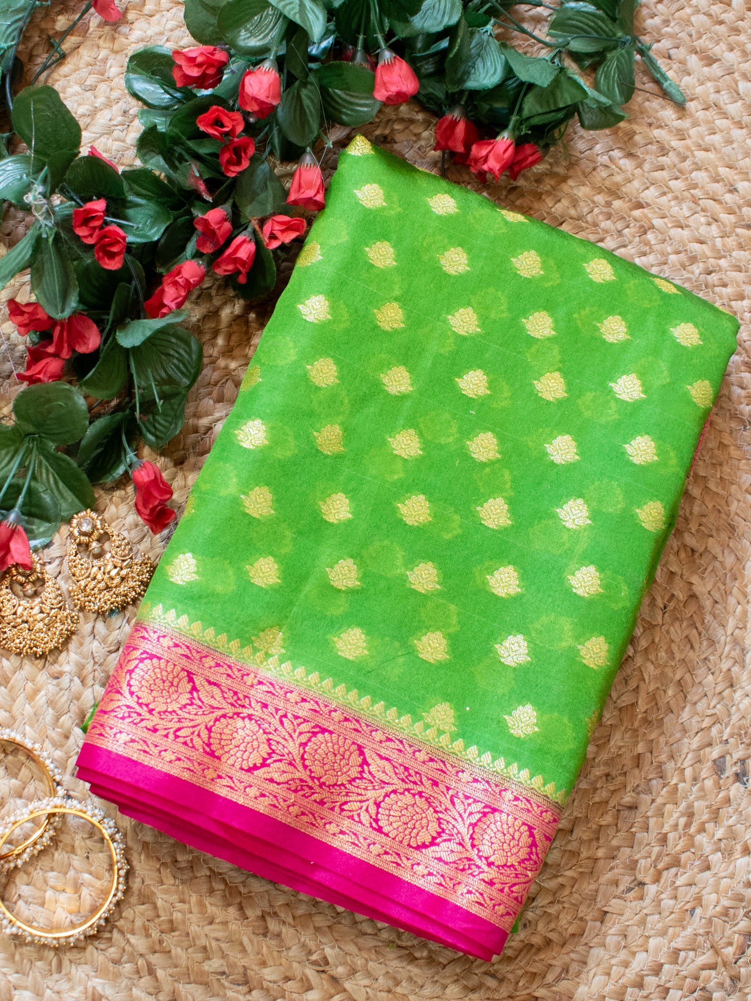 Banarasi Semi Georgette Saree With Resham Weaving & Contrast Border- Green