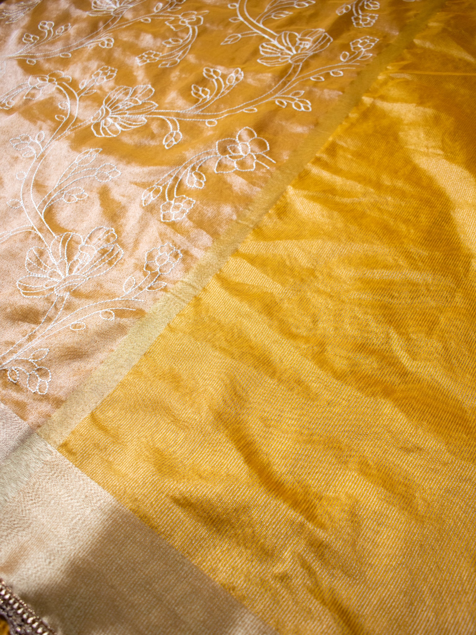 Yellow Embroidered Banarasi Tissue Saree with Weaving & Lace Border