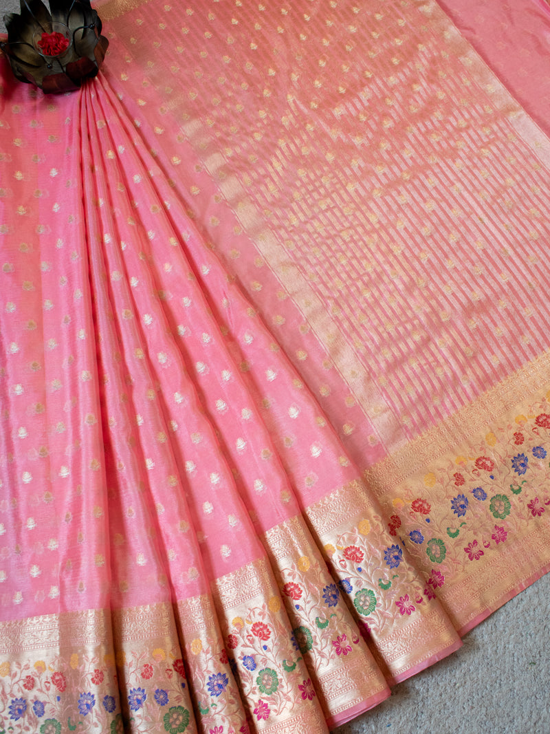 Banarasi Kora Saree With Zari Weaving & Meena Border-Pink
