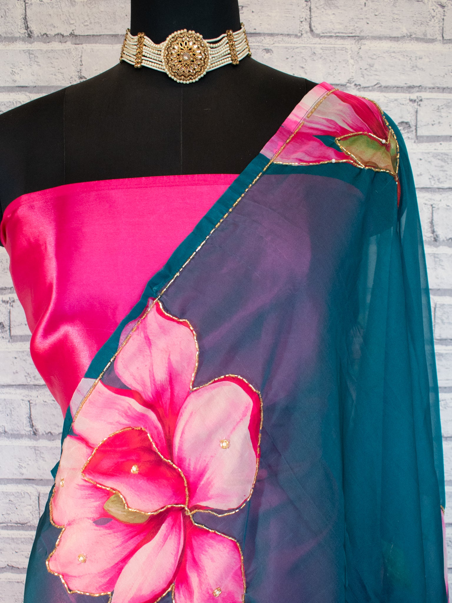 Semi Satin Floral Saree - Blue