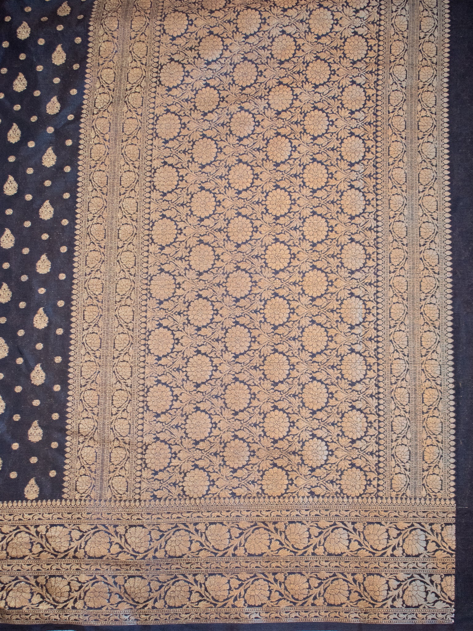 Banarasi Soft Cotton Saree With Antique Zari Weaving & Border- Black