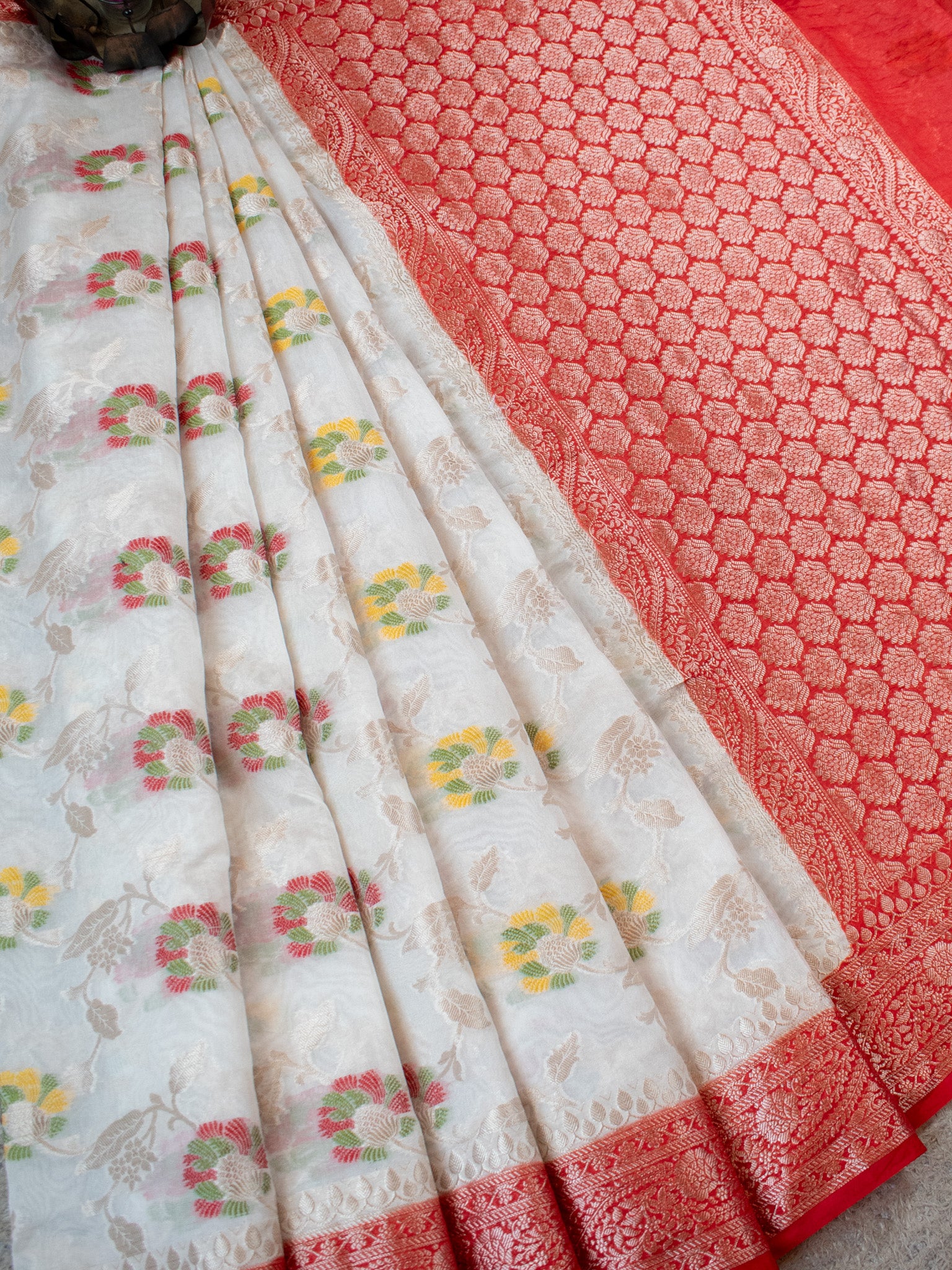 Banarasi Cotton Silk Saree With Contrast Border- White & Red