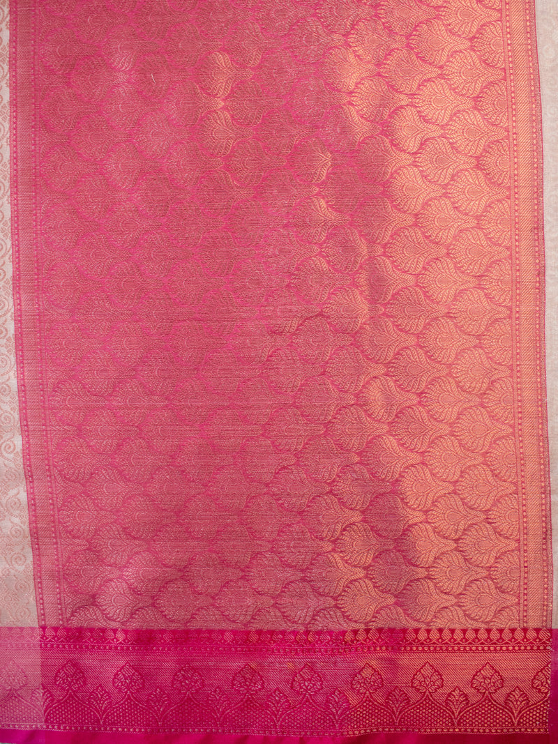 Banarasi Kora Muslin Saree With Tanchoi Weaving & Contrast Border-Grey