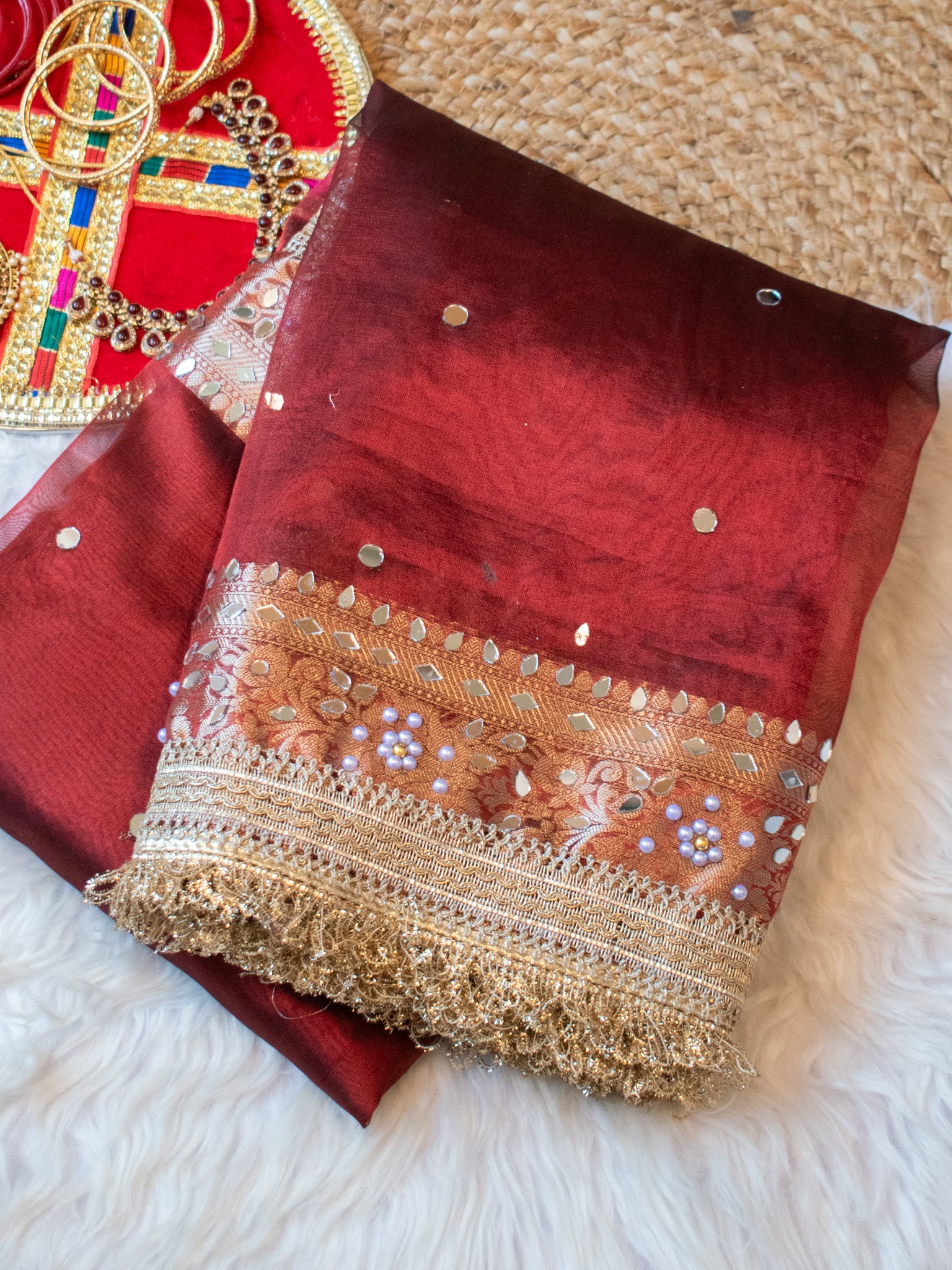 Banarasi Mirror Work Tissue Saree with Lace Border - Maroon