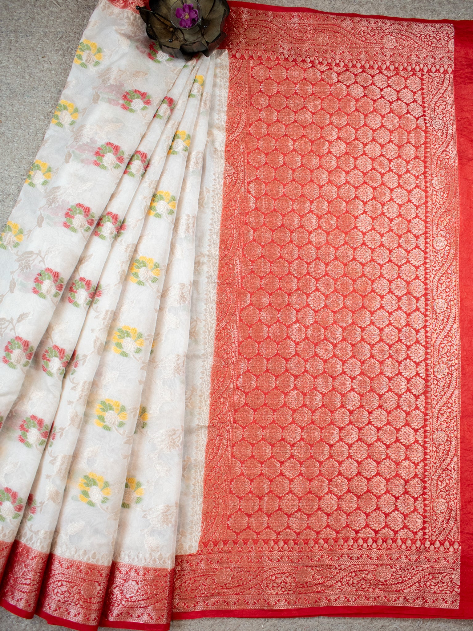 Banarasi Cotton Silk Saree With Contrast Border- White & Red