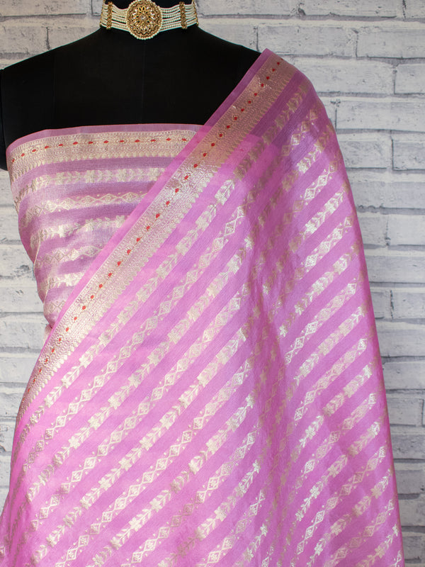 Banarasi Kora Saree With Zari Weaving & Meena Border-Pink
