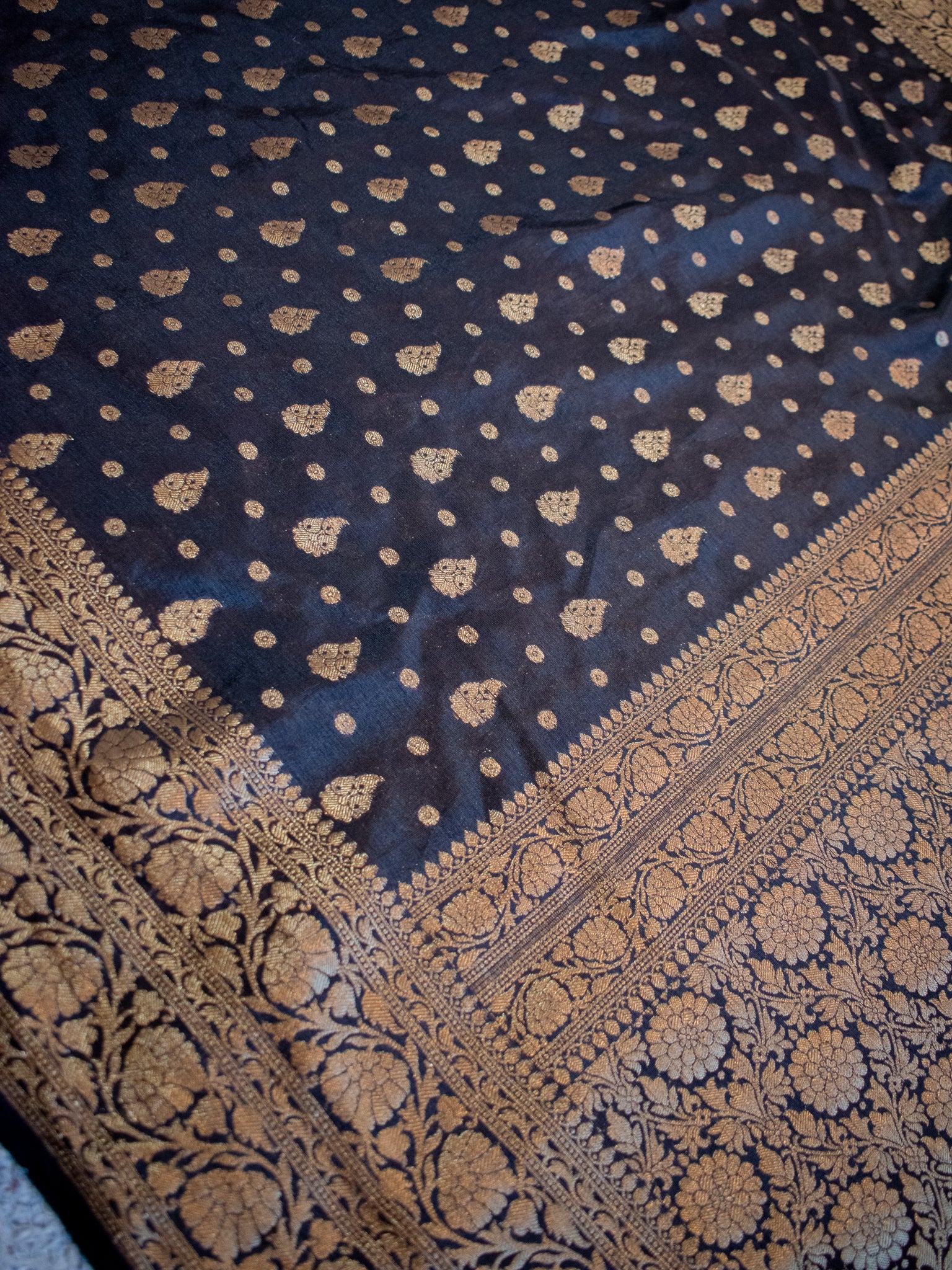 Banarasi Soft Cotton Saree With Antique Zari Weaving & Border- Black