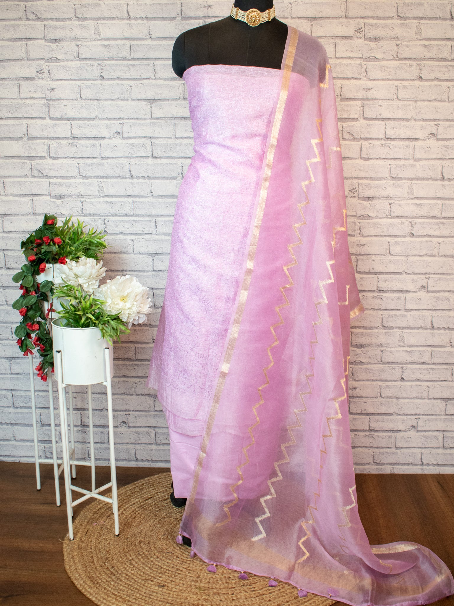 Banarasi Soft Embroidered Cotton Salwar Kameez Fabric With Organza Dupatta- Pink