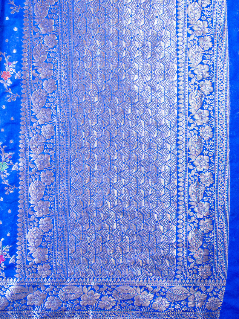 Banarasi  Cotton Silk Saree Silver Zari Weaving With Border- Blue