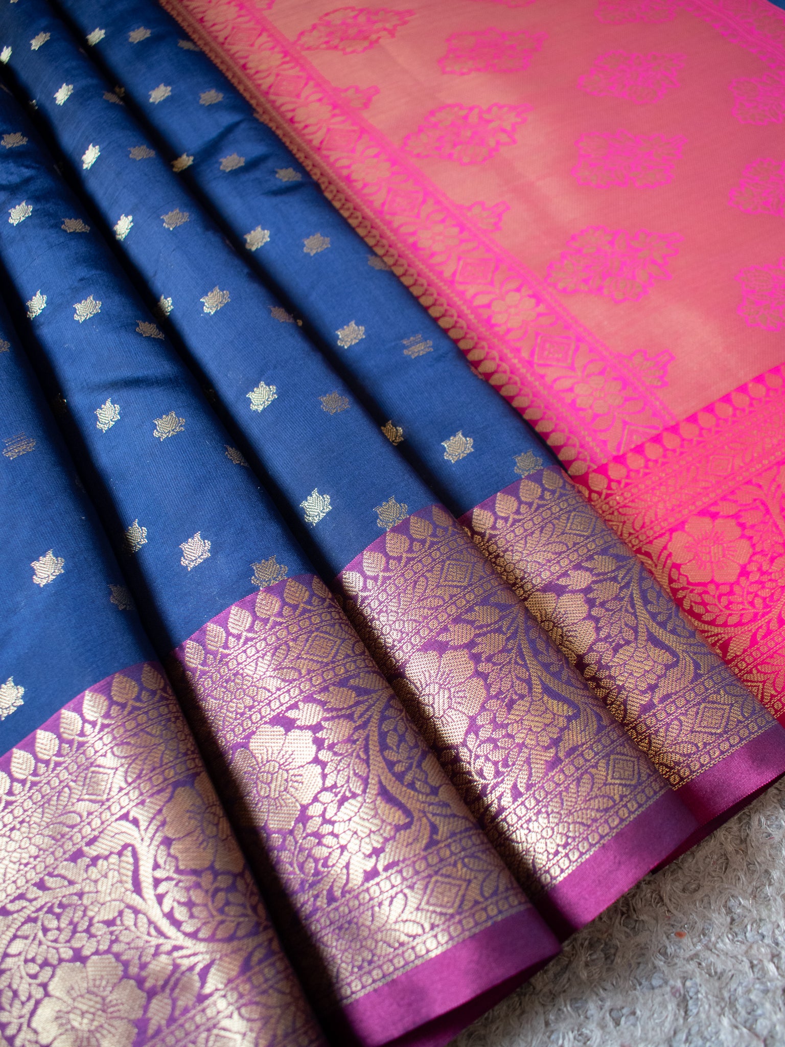 Banarasi Semi Silk Saree With Zari Buti Weaving & Border - Blue