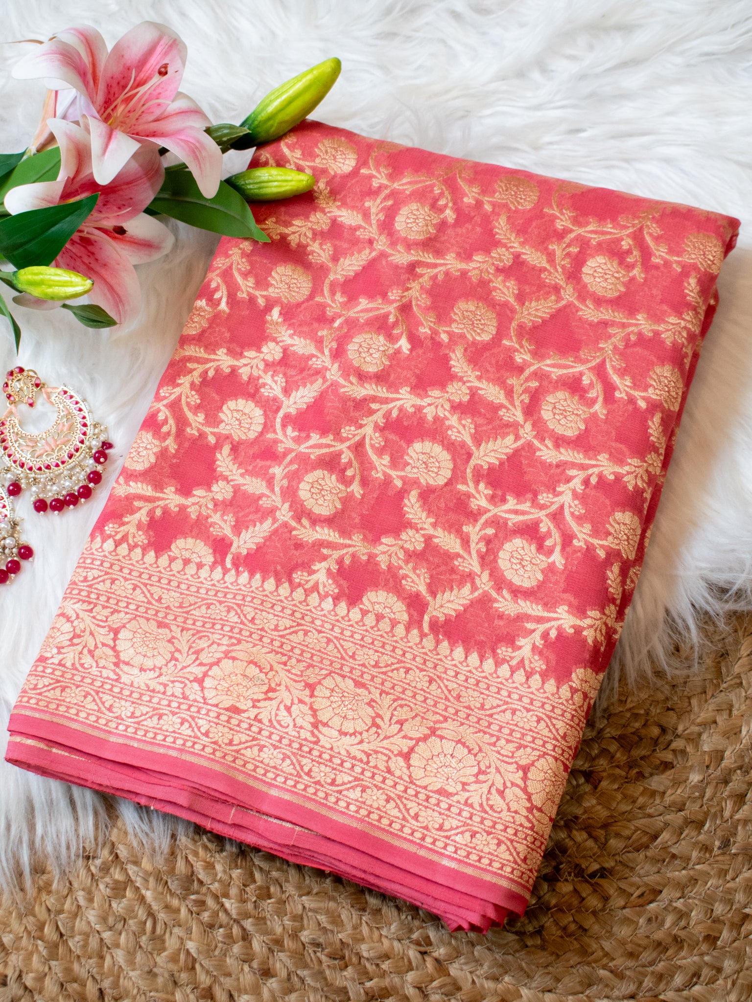 Banarasi Pure Khaddi Georgette Saree With Floral Jaal Zari Weaving- Peach