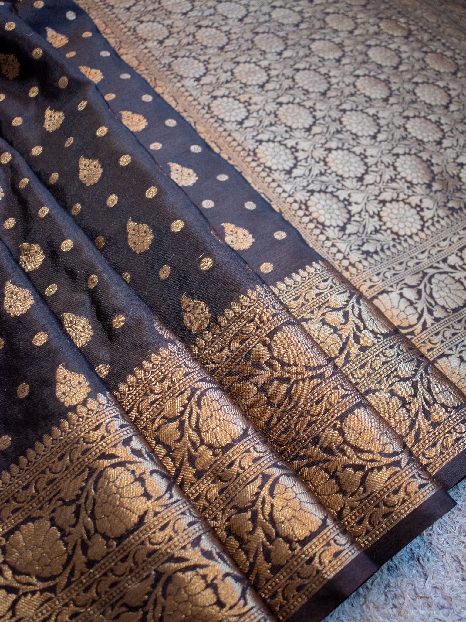 Banarasi Soft Cotton Saree With Antique Zari Weaving & Border- Black