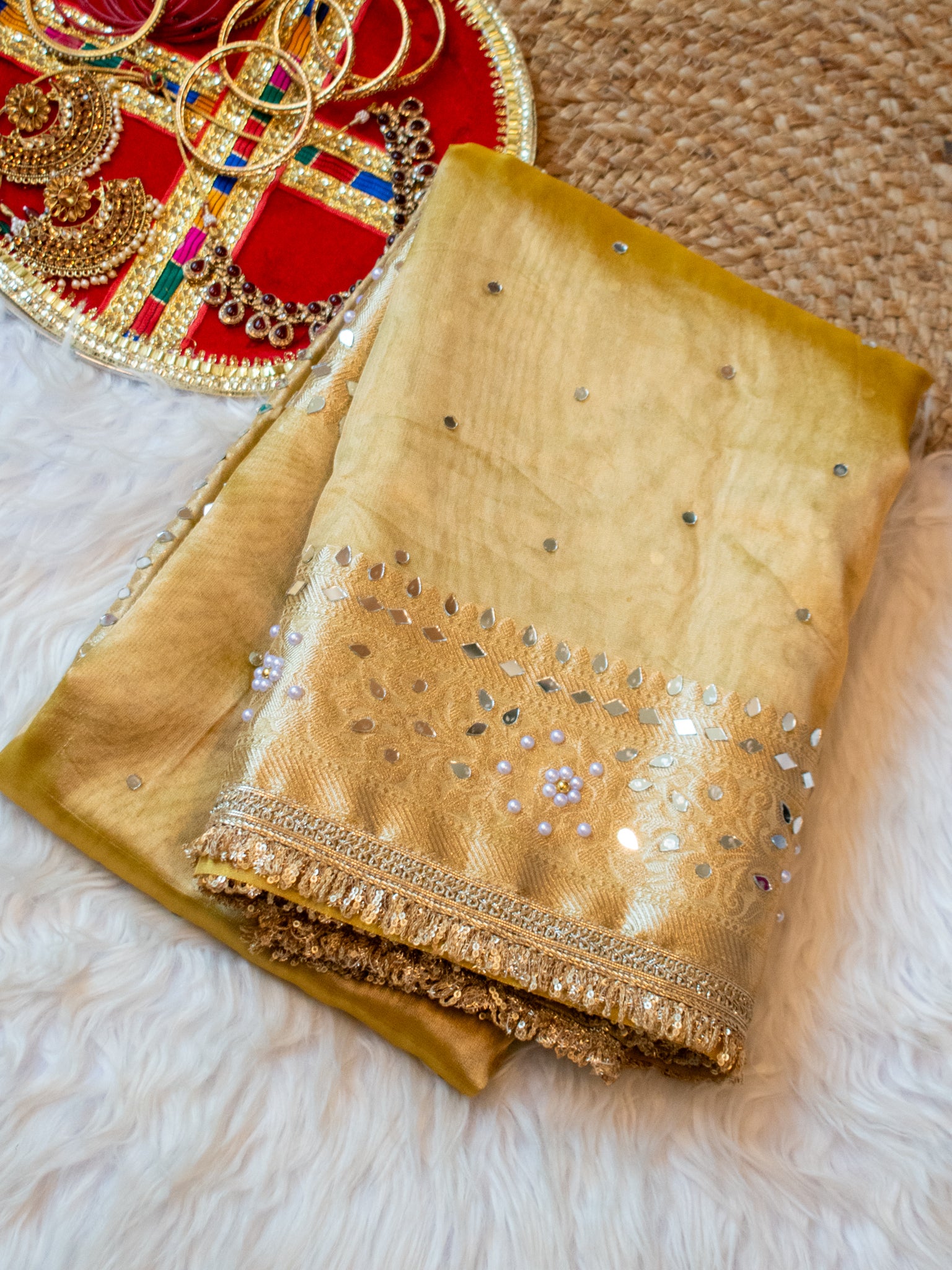 Banarasi Mirror Work Tissue Saree with Lace Border - Yellow