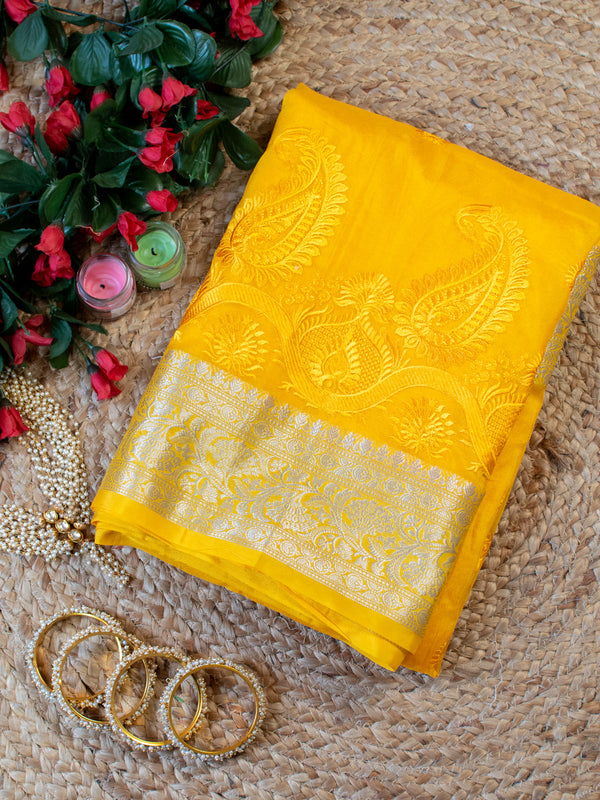 Banarasi Semi Silk Saree With Zari Border - Yellow