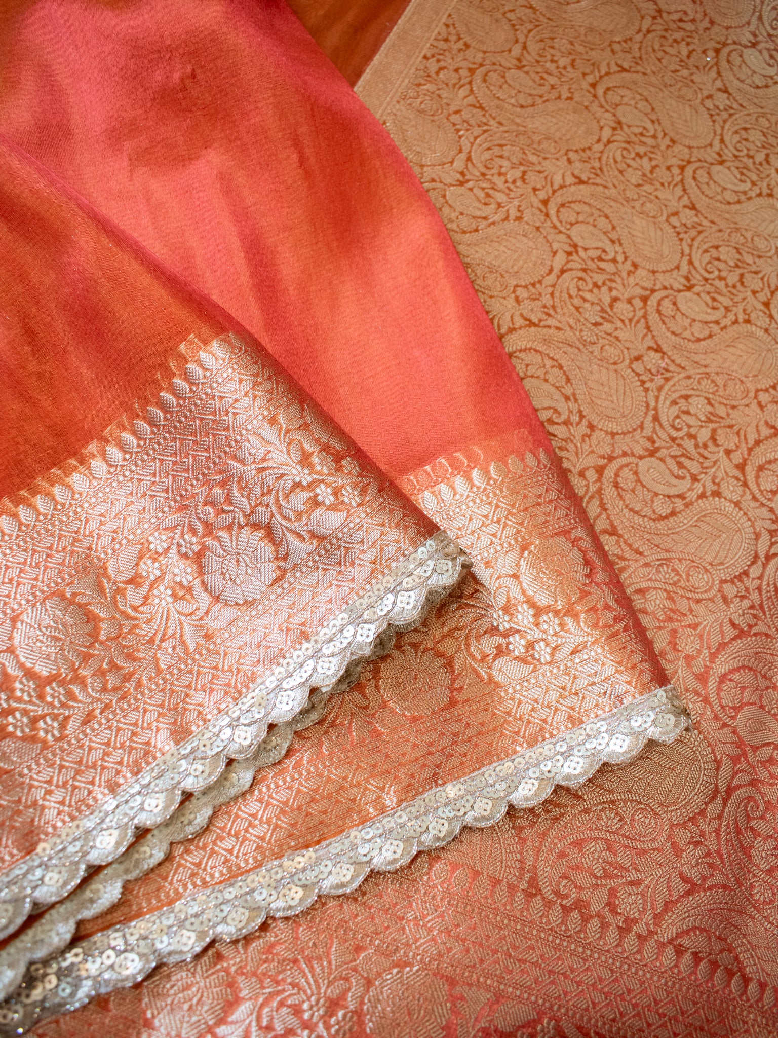Banarasi Tissue Saree With Lace Border - Orange