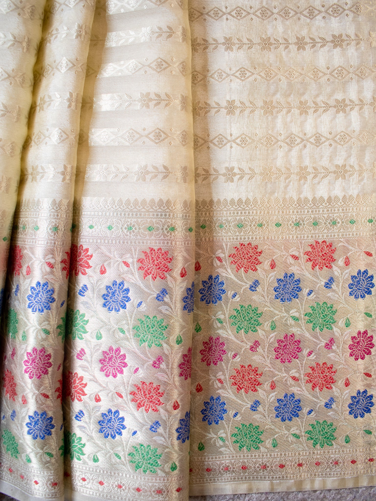 Banarasi Kora Saree With Zari Weaving & Meena Border-Off White