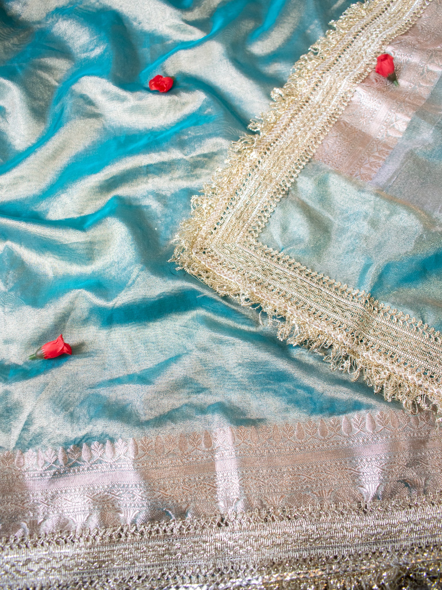 Banarasi Tissue Saree With Silver Zari Border & Lace- Aqua Blue