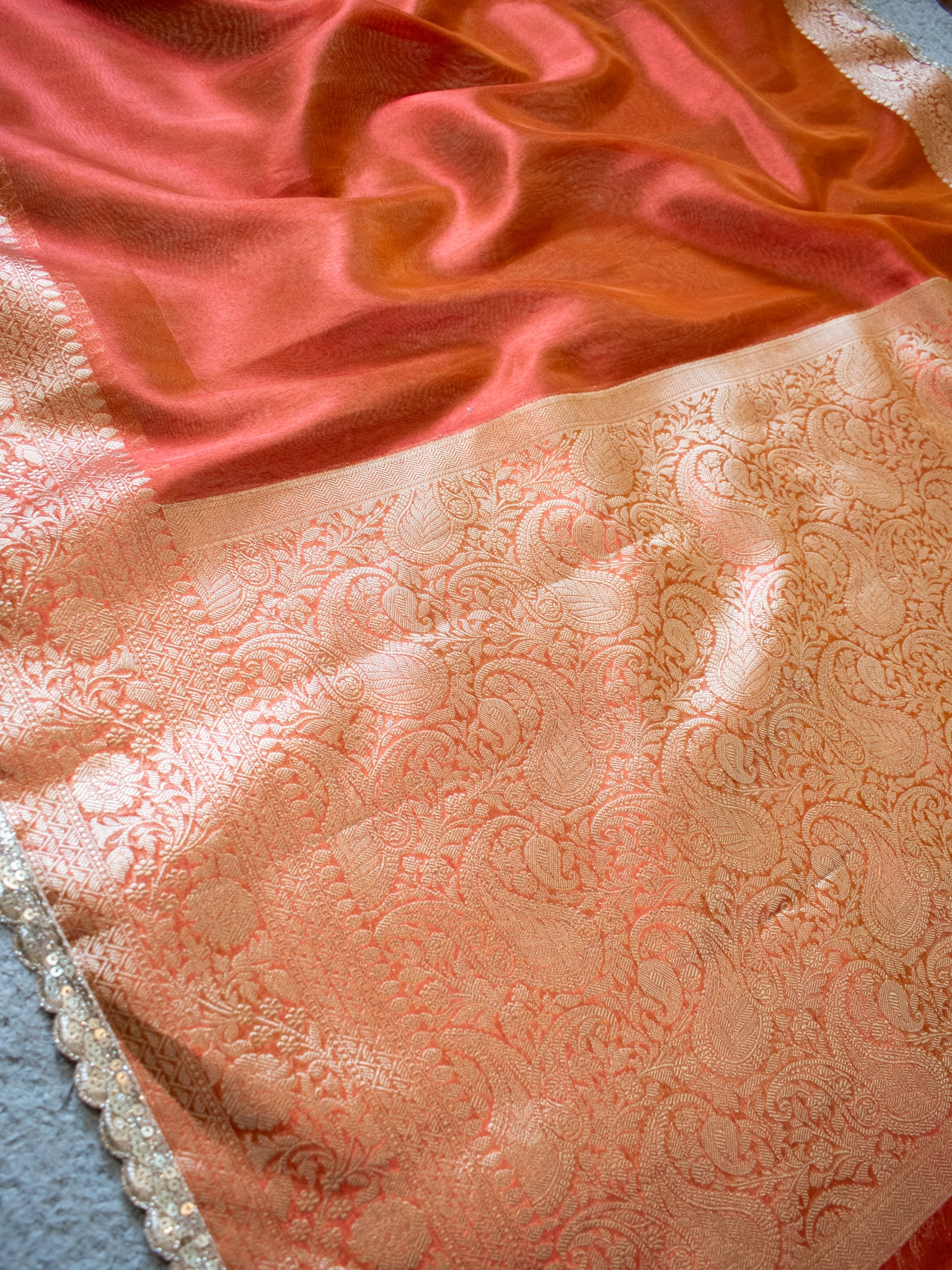 Banarasi Tissue Saree With Lace Border - Orange