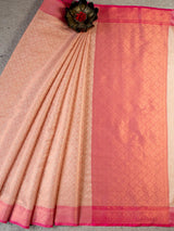 Banarasi Kora Muslin Saree With Tanchoi Weaving & Contrast Border-Beige