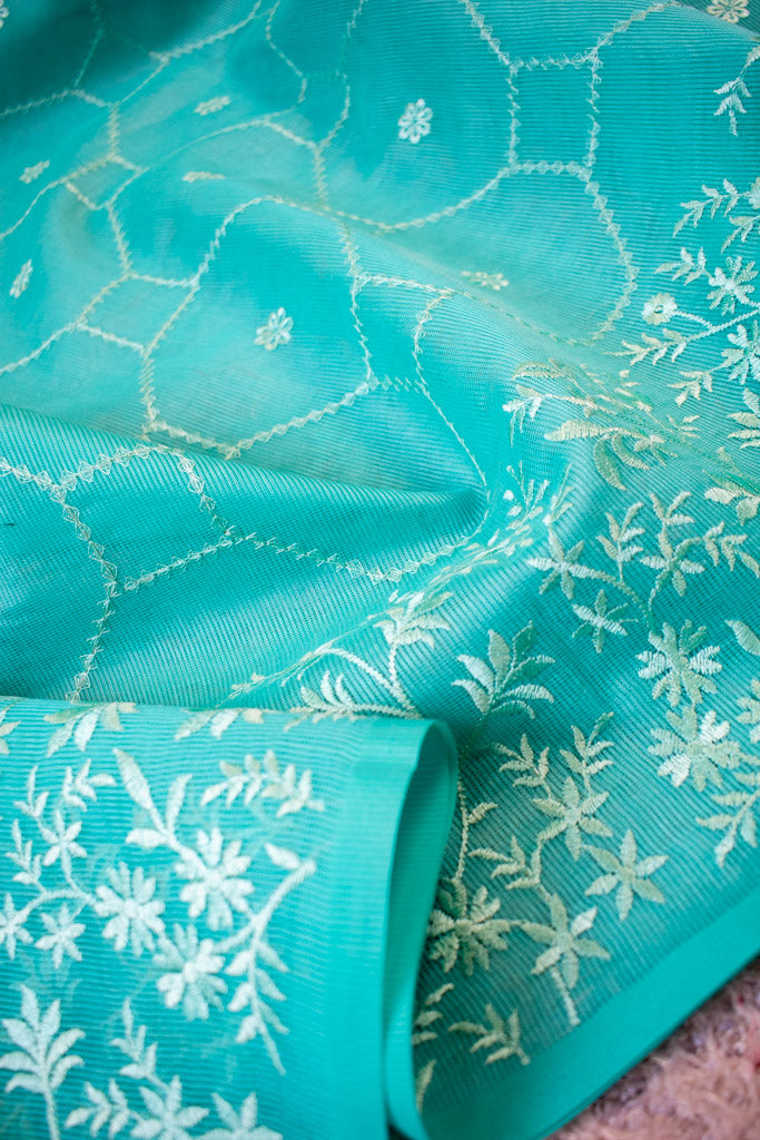 Banarasi Soft Net Saree With Self Resham Weaving Design-Aqua Blue