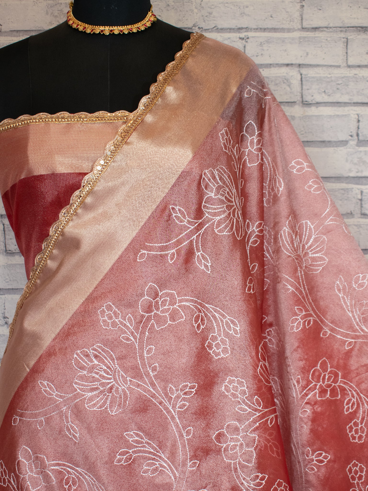 Banarasi Tissue Embroidered Saree With Weaving & Lace Border- Red