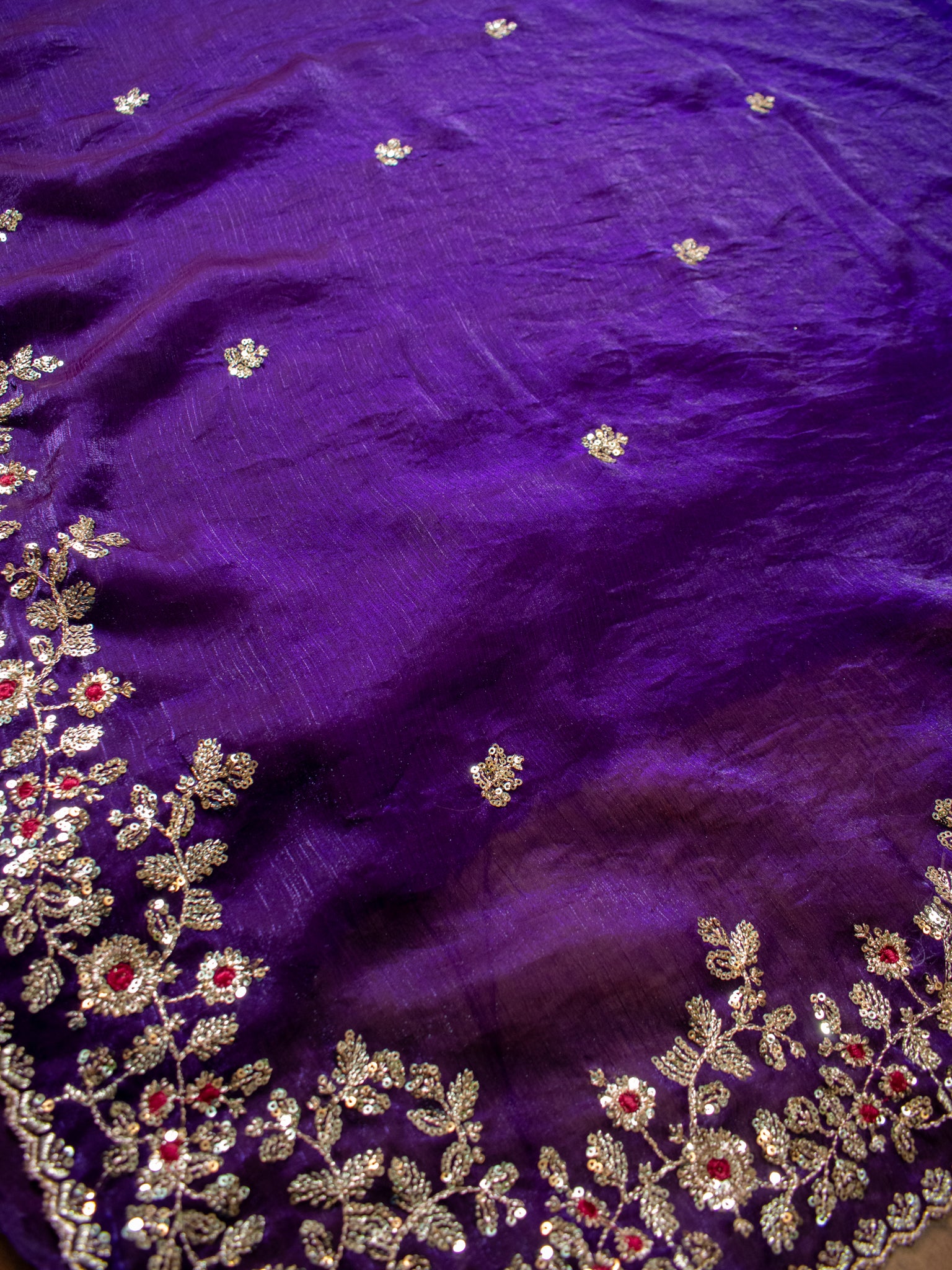 Purple Embroidered Tissue Banarasi Cocktail Saree with Lace Border