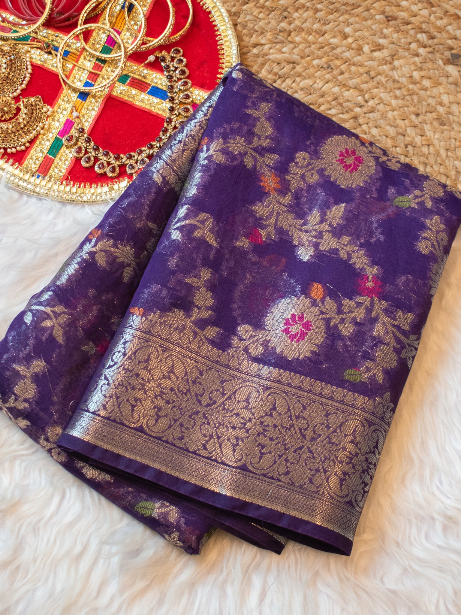 Banarasi Semi Silk Saree with Floral Weaving - Purple
