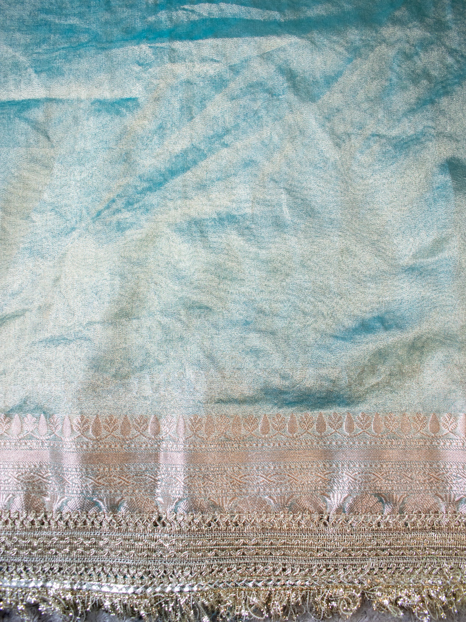 Banarasi Tissue Saree With Silver Zari Border & Lace- Aqua Blue