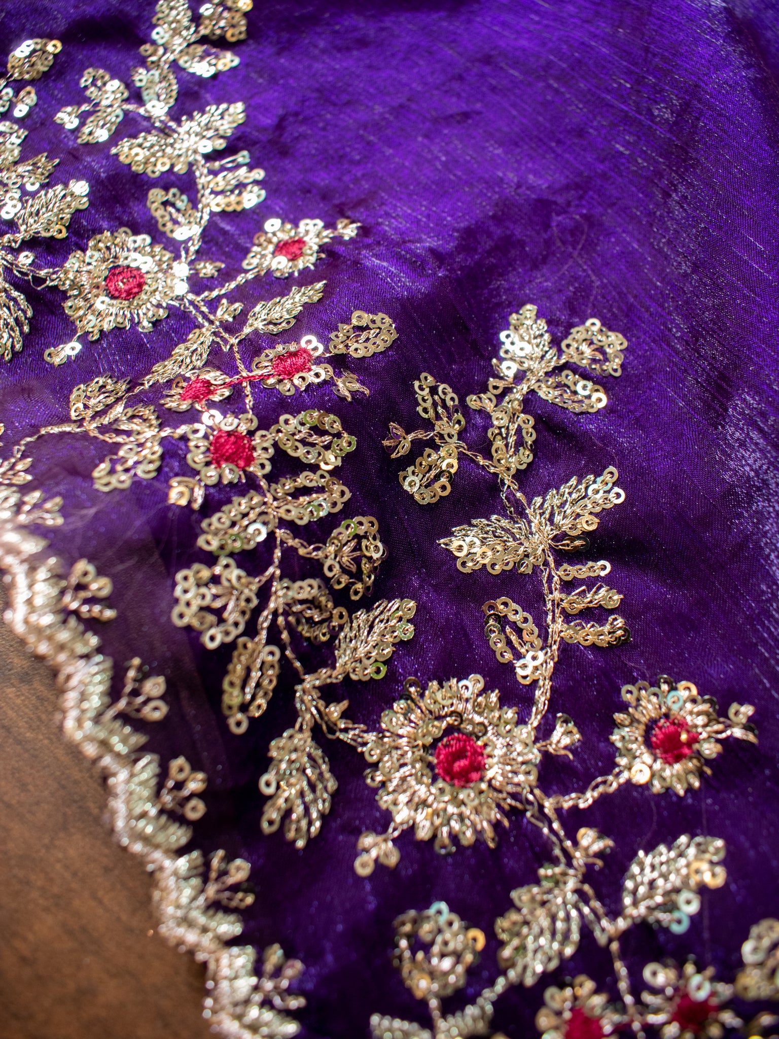 Purple Embroidered Tissue Banarasi Cocktail Saree with Lace Border