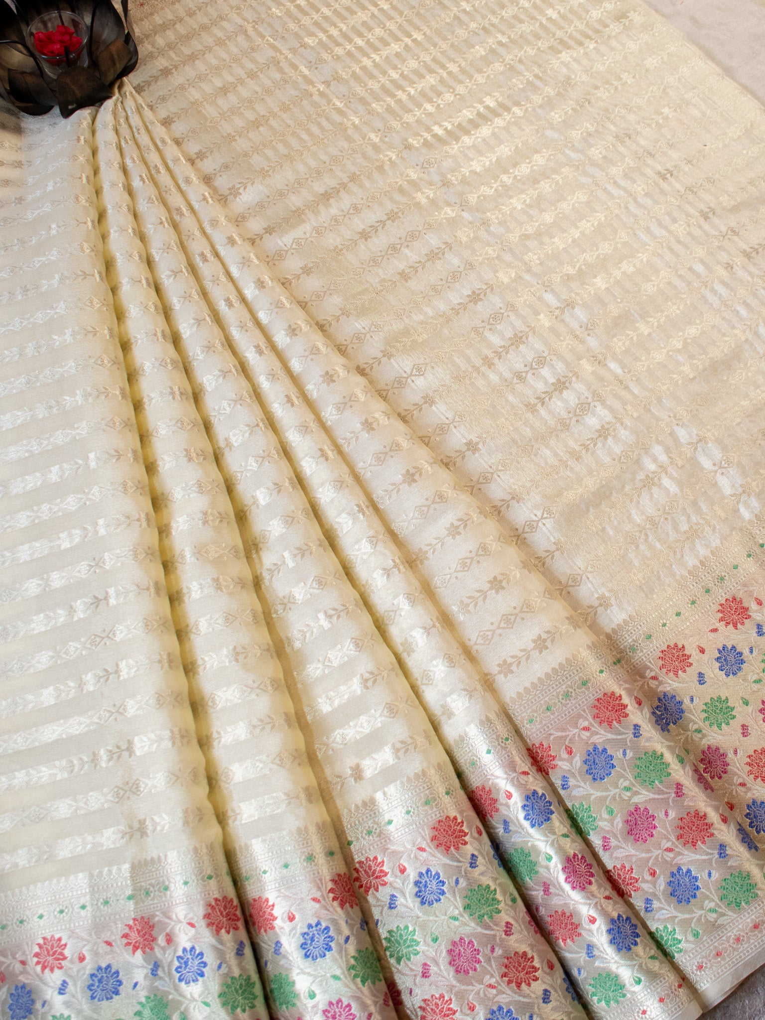 Banarasi Kora Saree With Zari Weaving & Meena Border-Off White