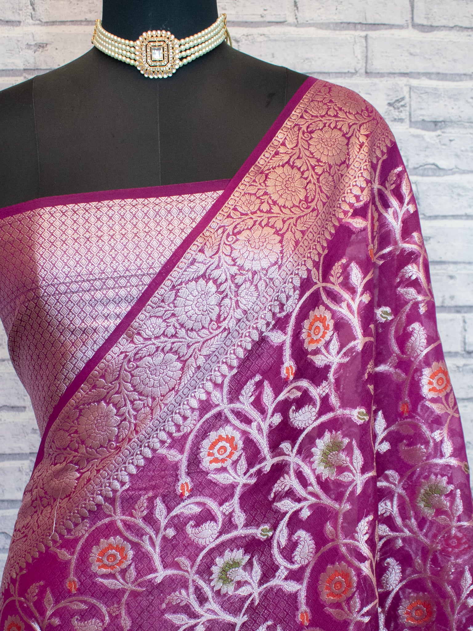 Banarasi Cotton Silk Saree Silver Zari Floral Weaving With Border- Purple