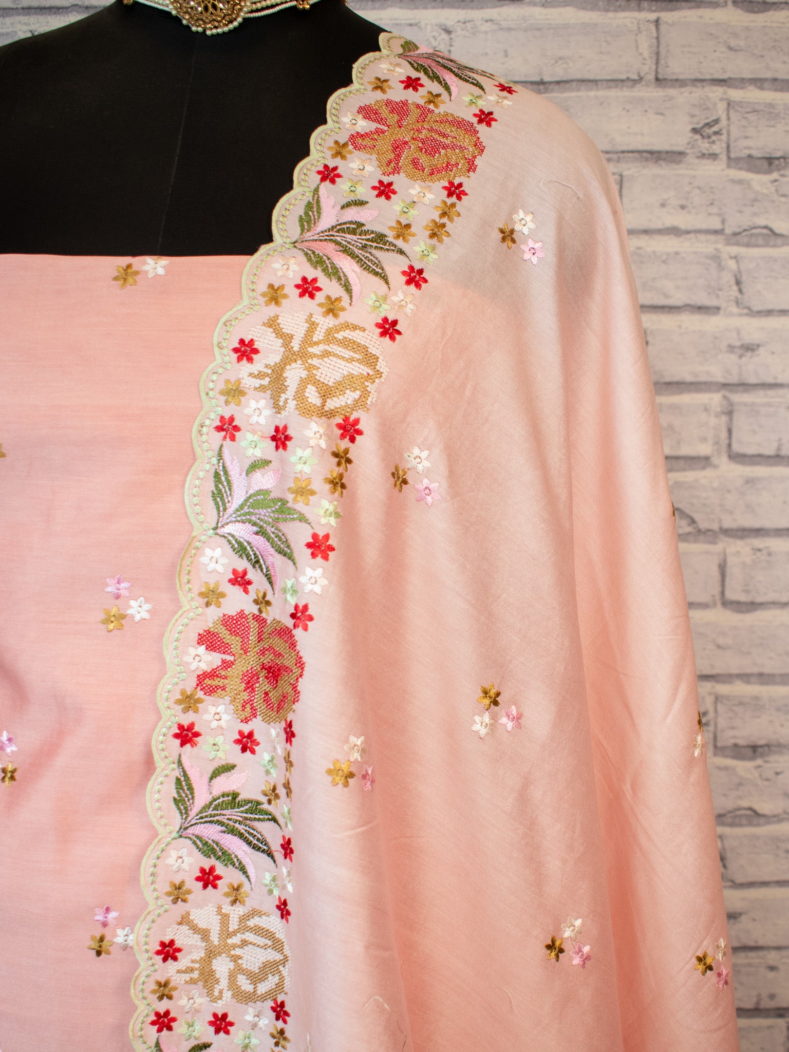 Banarasi Soft Cotton Embroidered Salwar Kameez Fabric With Dupatta- Pink