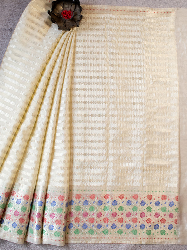 Banarasi Kora Saree With Zari Weaving & Meena Border-Off White