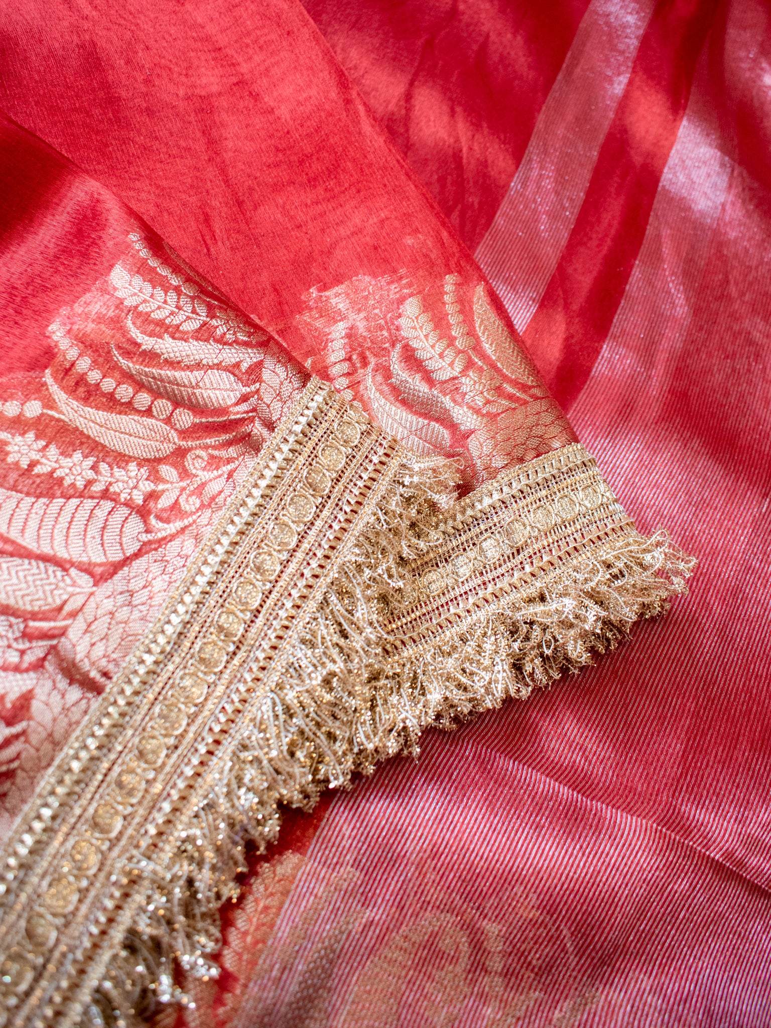 Banarasi Tissue Saree With Lace Border - Red