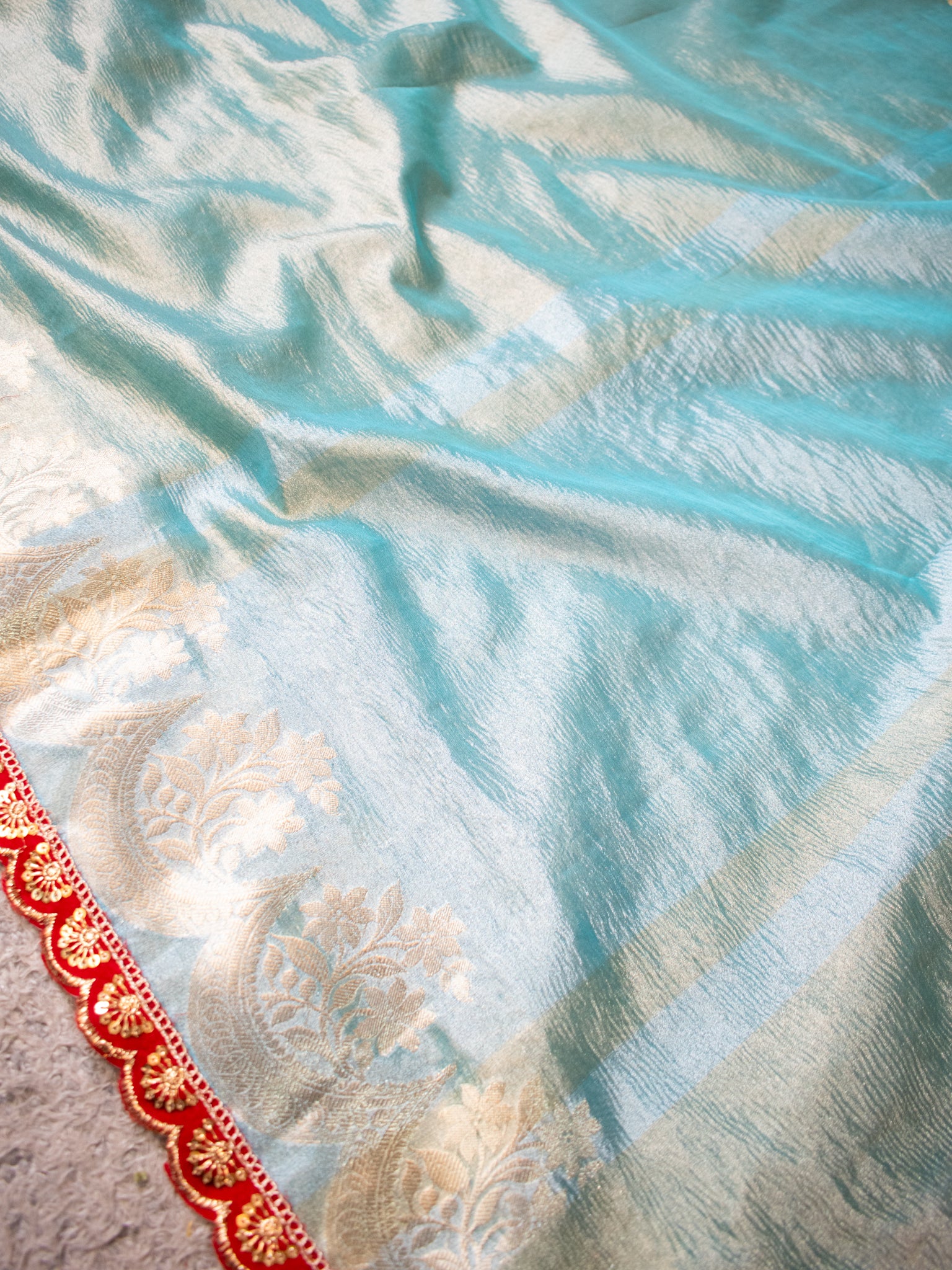 Banarasi Crushed Tissue Saree With Silver Zari Border & Lace- Aqua Blue