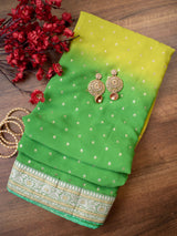Dual Shade Semi Chiffon Gold Printed Saree With Zari Border-Green