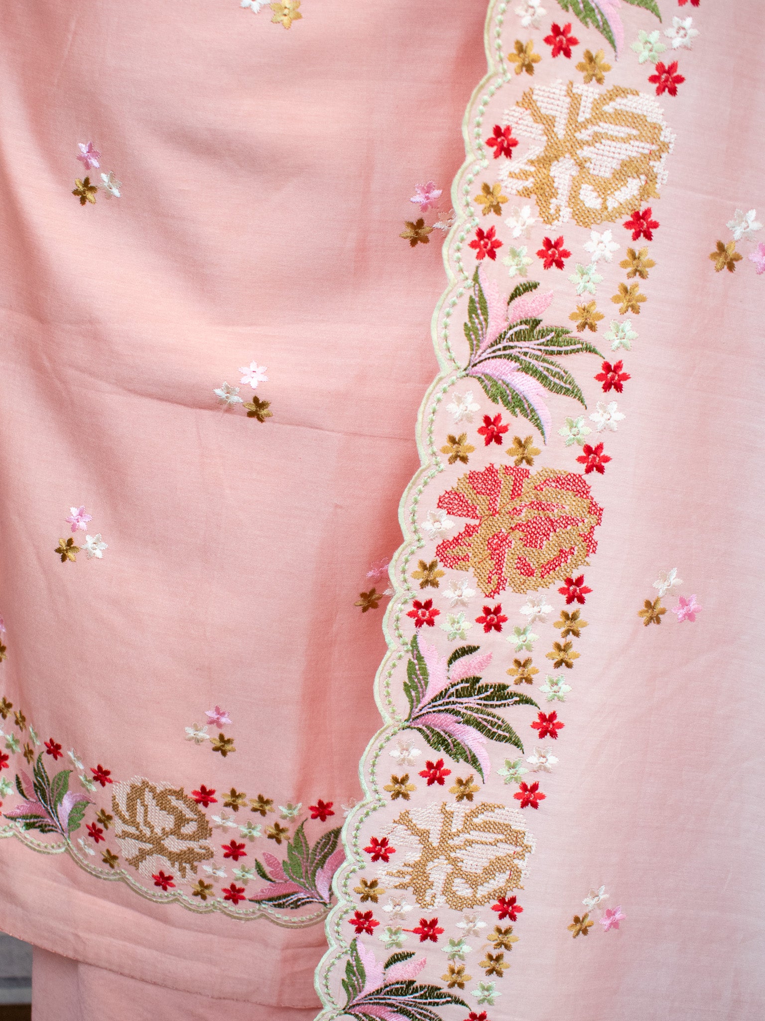 Banarasi Soft Cotton Embroidered Salwar Kameez Fabric With Dupatta- Pink