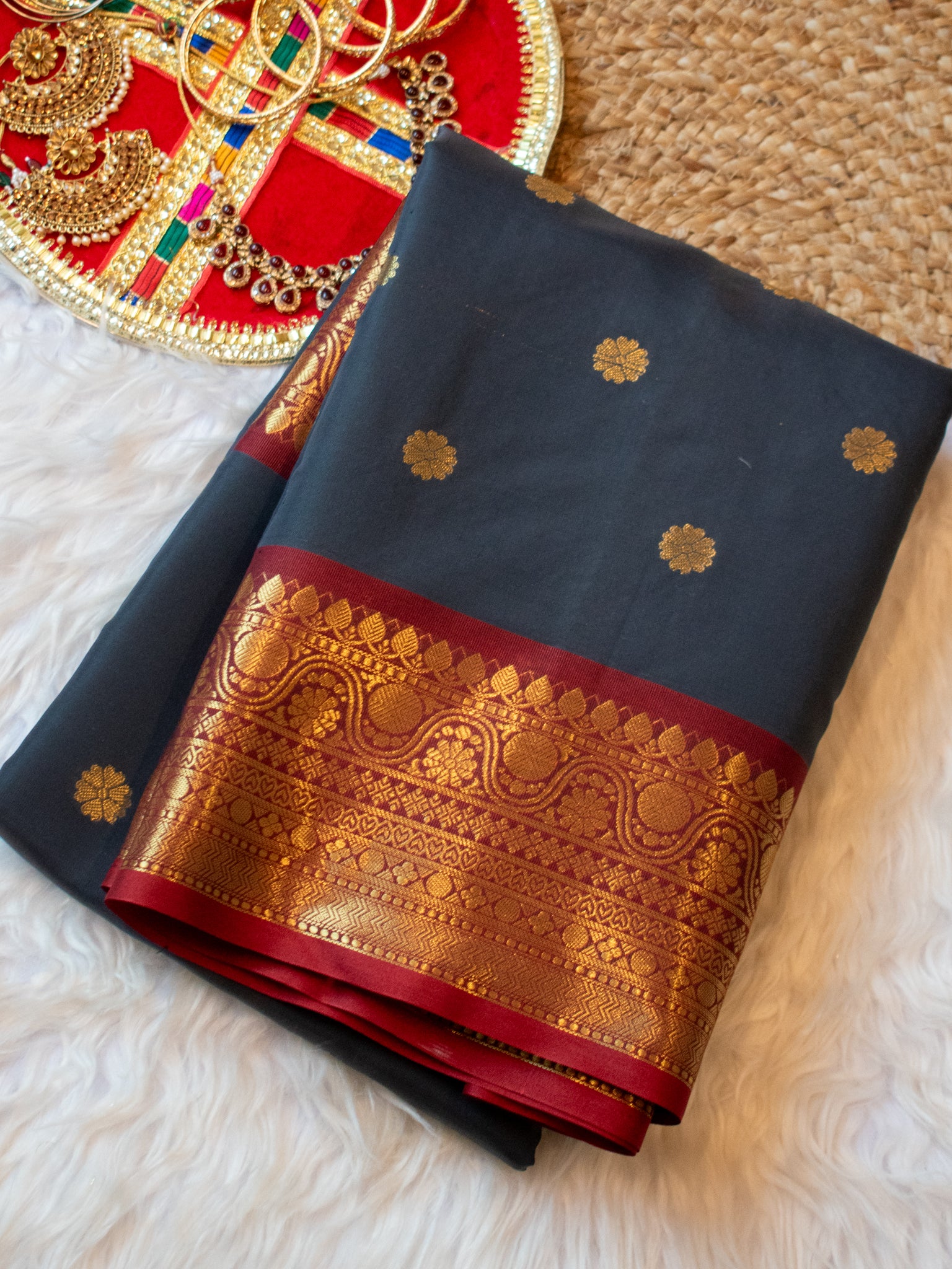Banarasi Cotton Silk Saree with Zari Buti Weaving - Grey