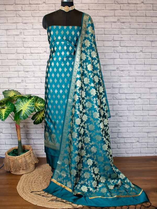 Banarasi Cotton Silk Salwar Kameez With Jaal Dupatta-Blue
