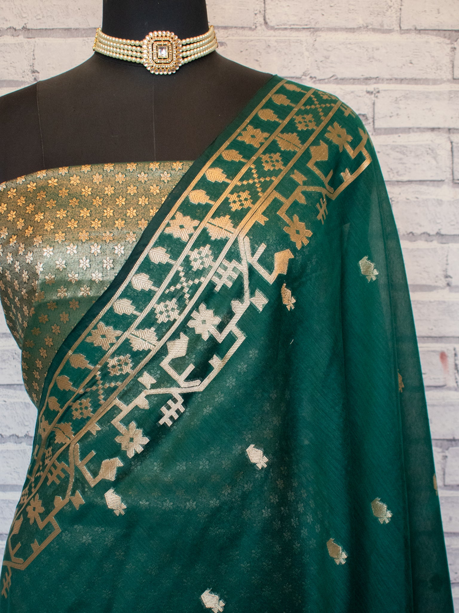 Banarasi Cotton Mix Saree with Zari Weaving & Border- Green