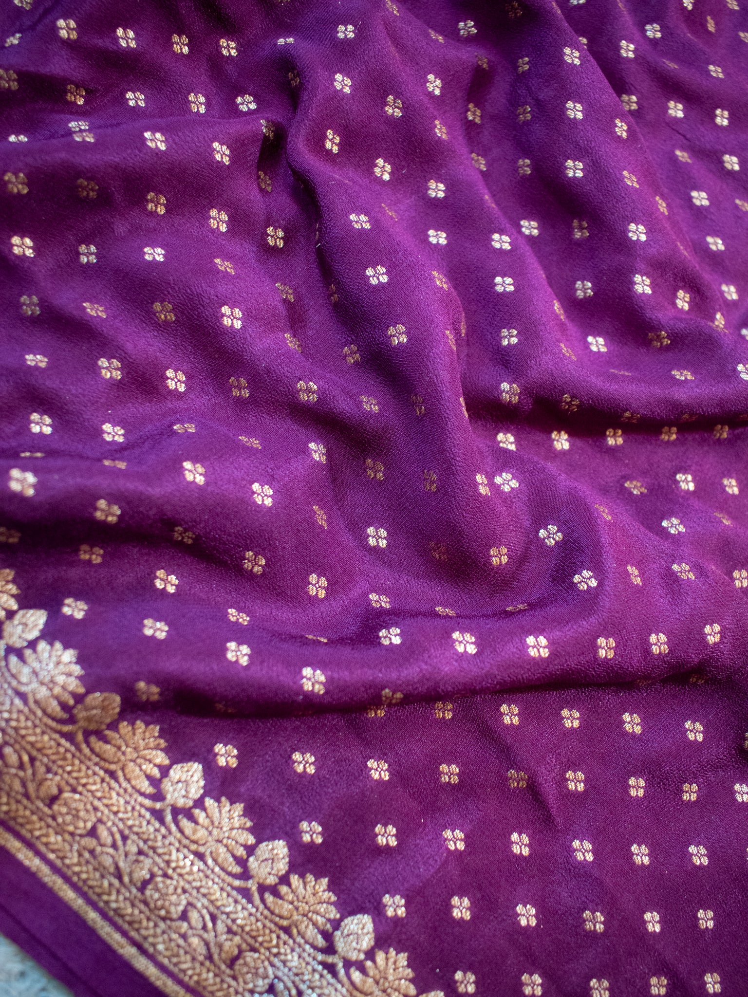 Banarasi Pure Khaddi Georgette Saree With Antique Zari Buti  Weaving- Purple