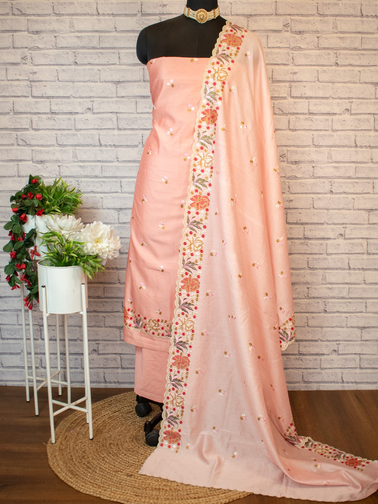 Banarasi Soft Cotton Embroidered Salwar Kameez Fabric With Dupatta- Pink