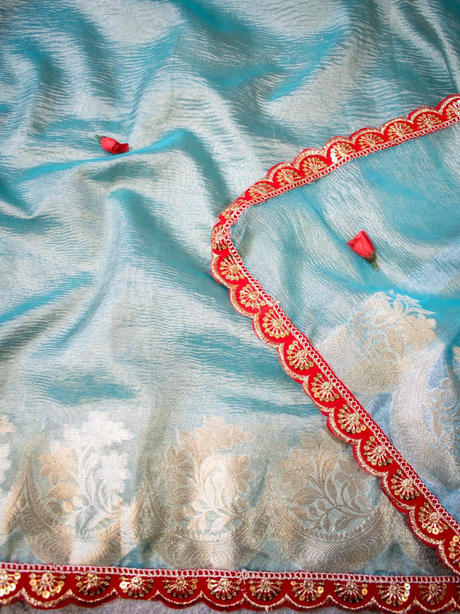 Banarasi Crushed Tissue Saree With Silver Zari Border & Lace- Aqua Blue