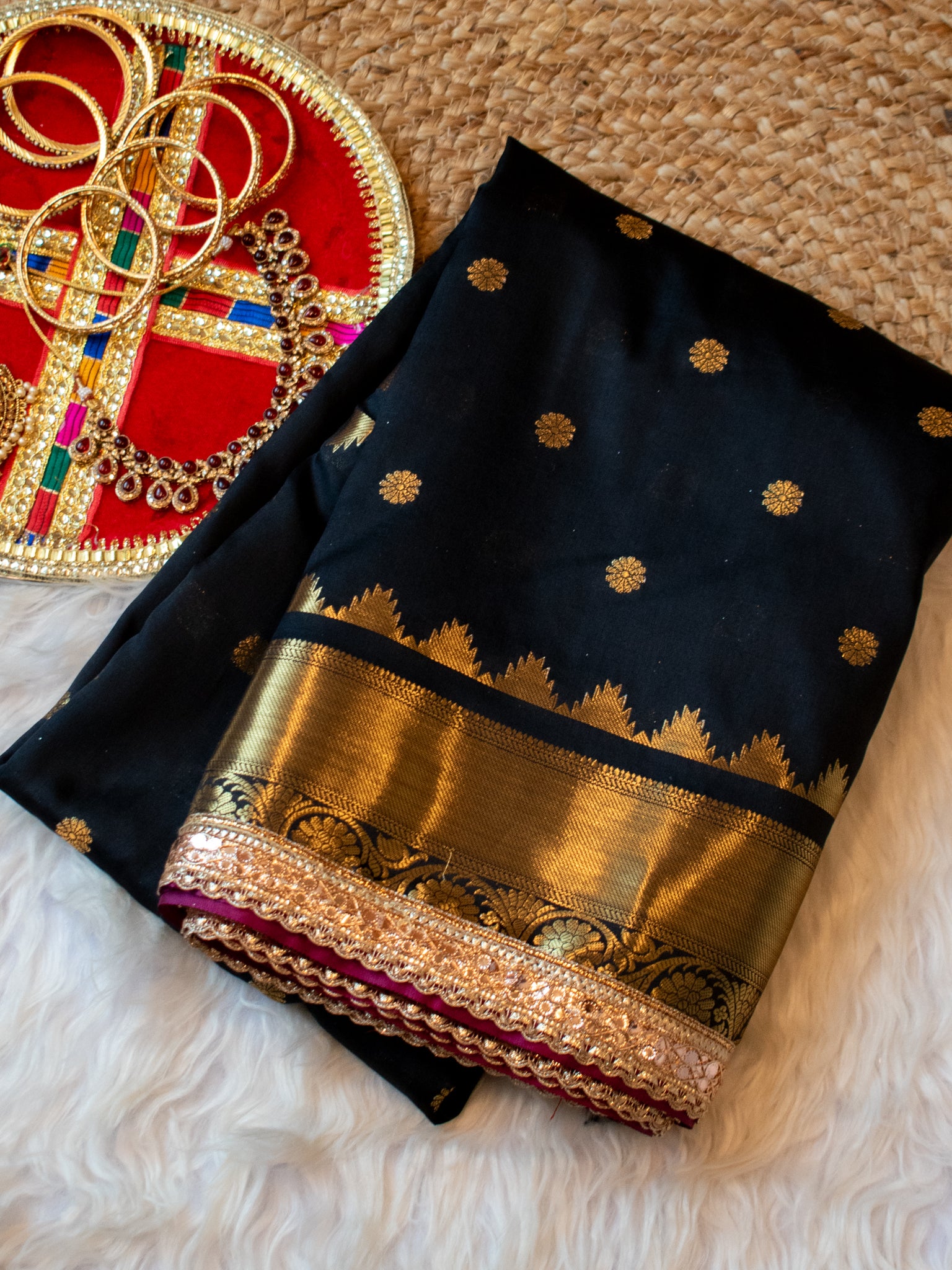 Banarasi Semi Silk Saree with Zari Buti Weaving & Lace Border - Black
